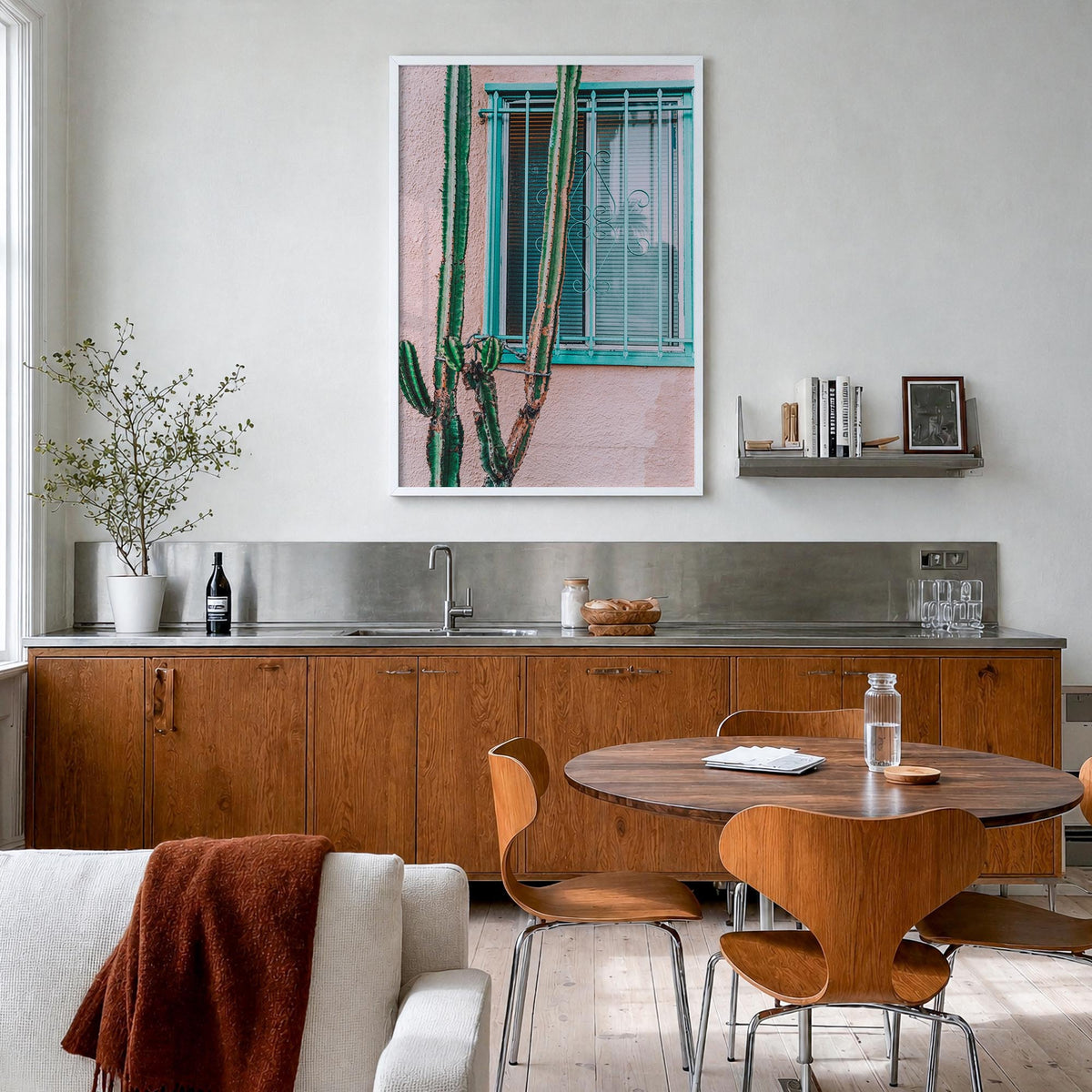 Pink Cactus colorful photo poster – vertical wall art in white wood frame, hanging on wall