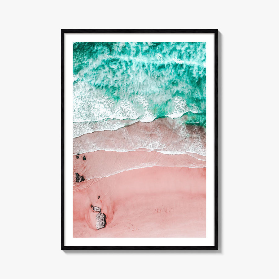 Pink Sandy Beach no. 1 colorful photo poster – vertical wall art, unframed print shown in interior mockup