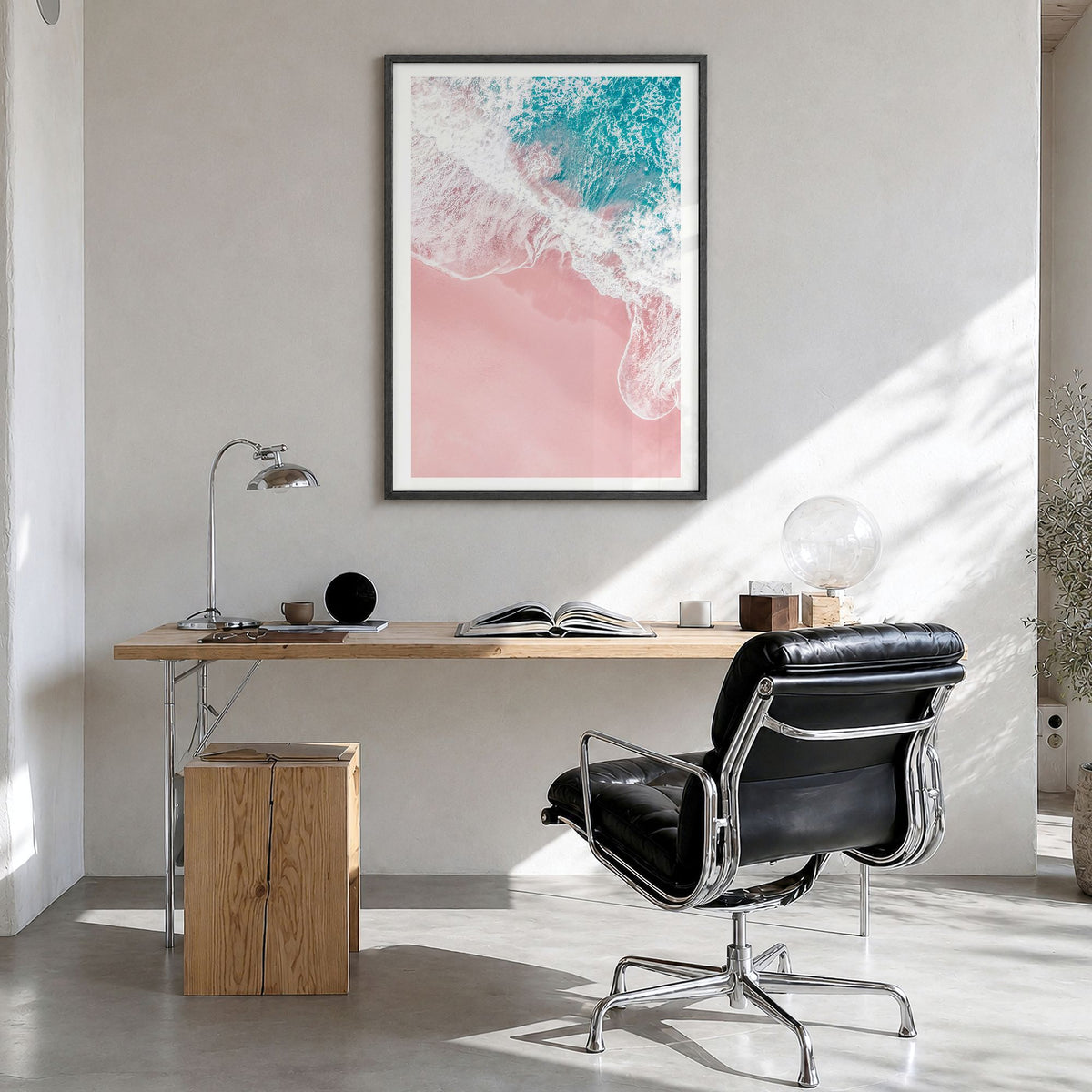 Pink Sandy Beach Photo No 2 Poster in a black wood frame, hanging in a bright home office, white border