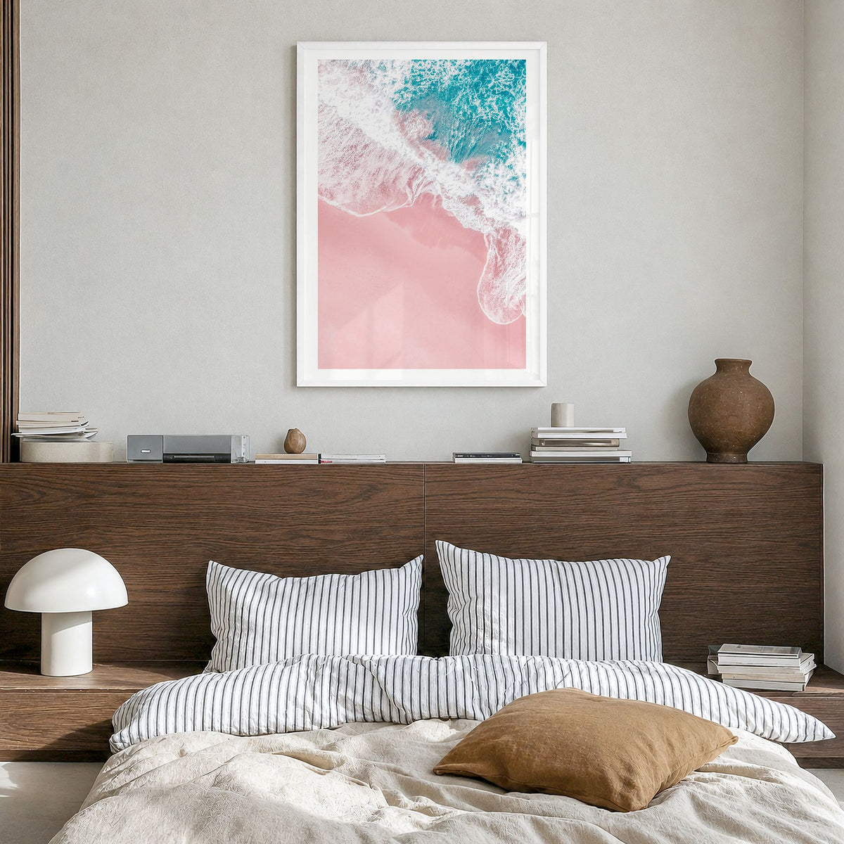 Pink Sandy Beach Photo No 2 Poster in a white wood frame, hanging in a bedroom, white border
