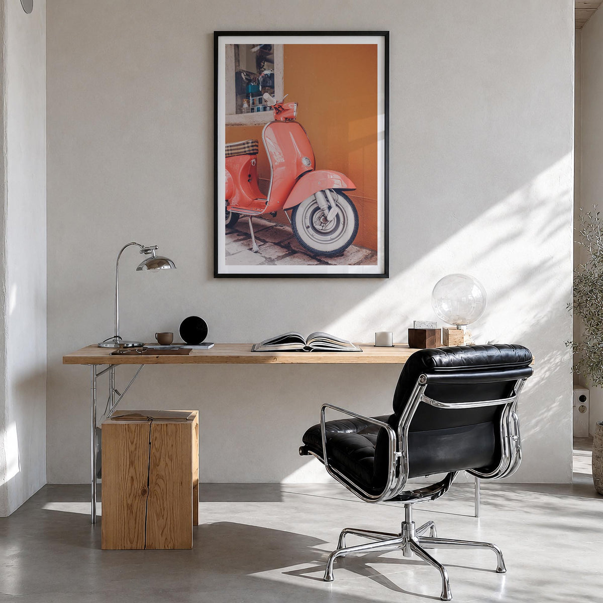 Pink Scooter in Italy colorful photo poster – vertical wall art in black wood frame with white border, hanging on wall