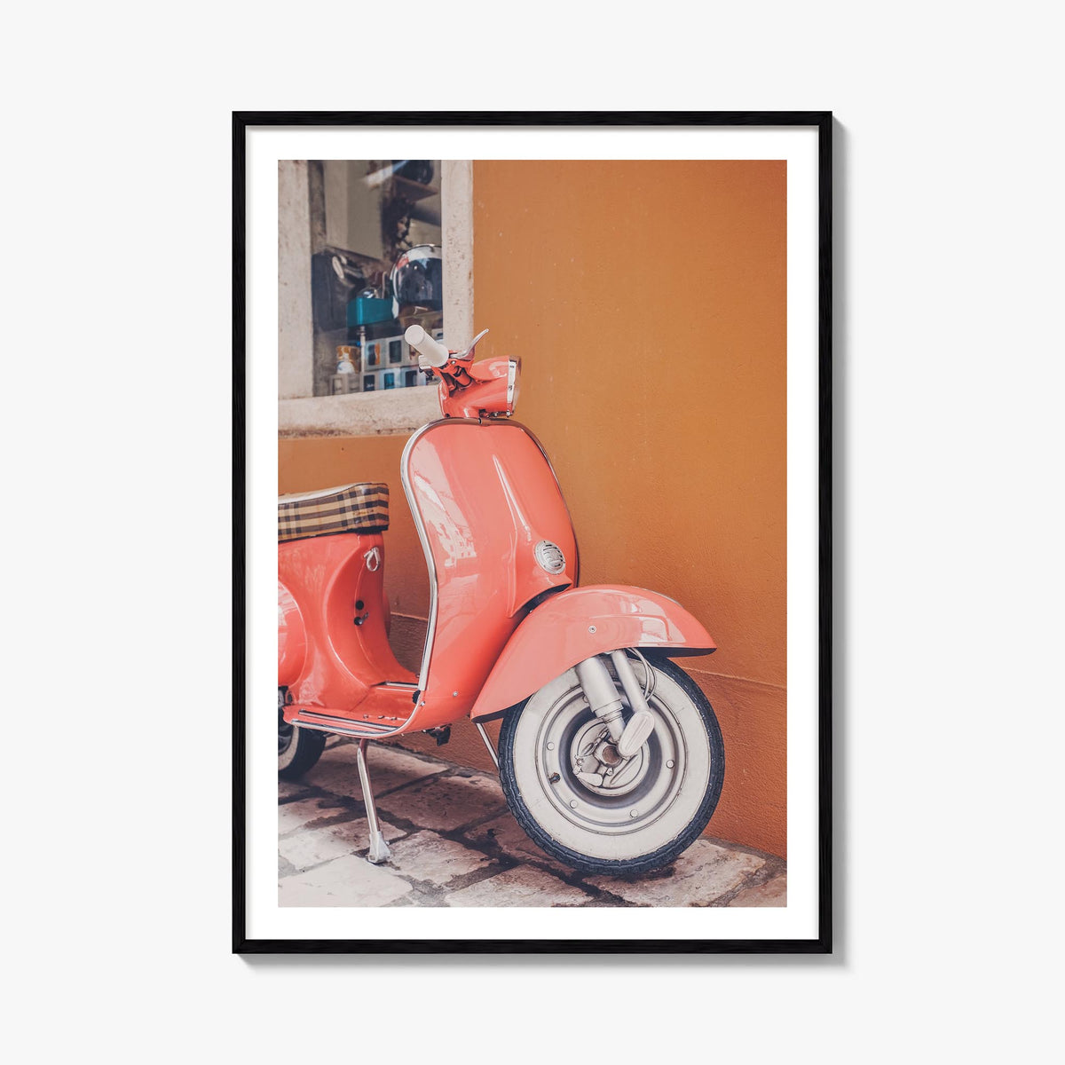 Pink Scooter in Italy colorful photo poster – vertical wall art, unframed print shown in interior mockup