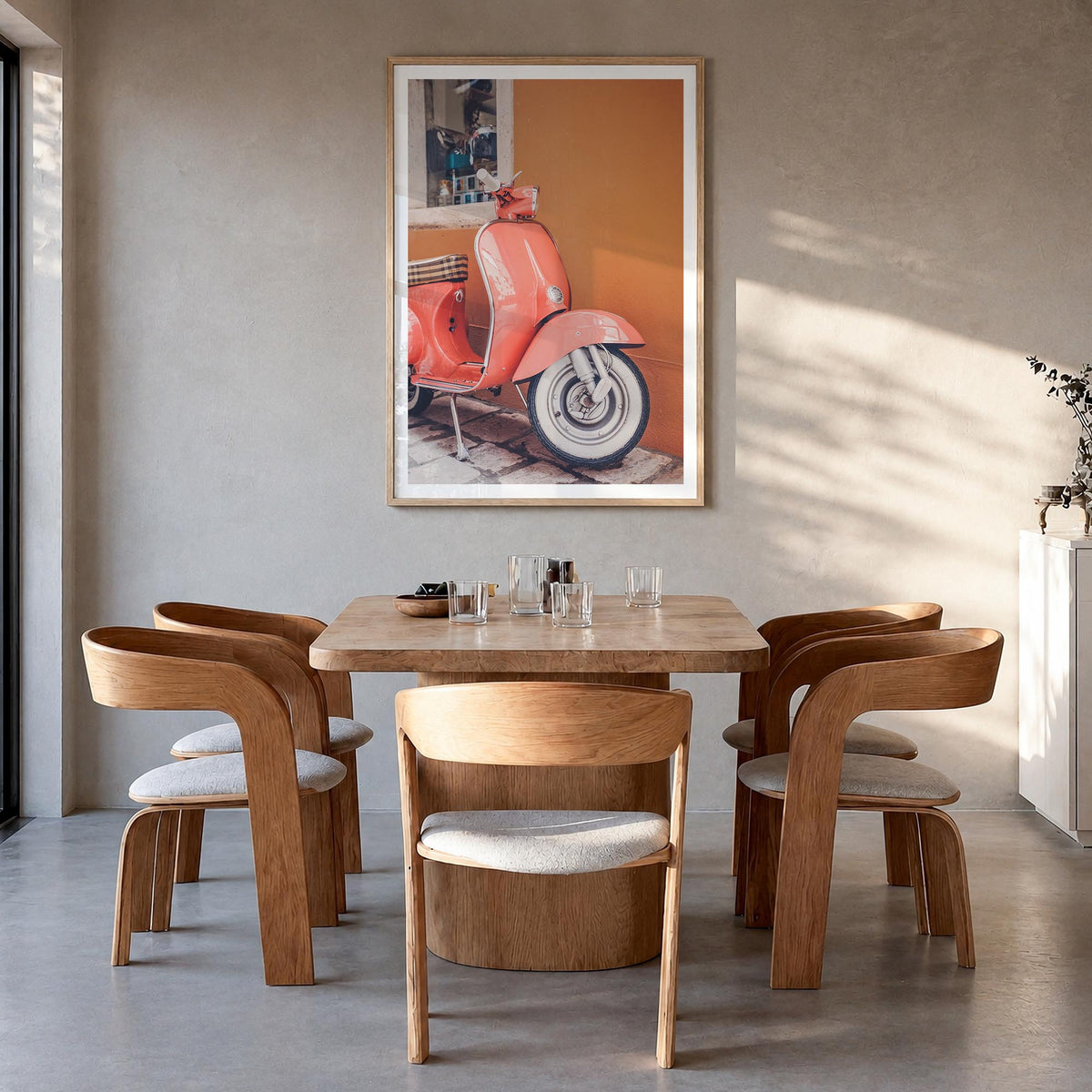 Pink Scooter in Italy colorful photo poster – vertical wall art in natural wood frame with white border, hanging on wall
