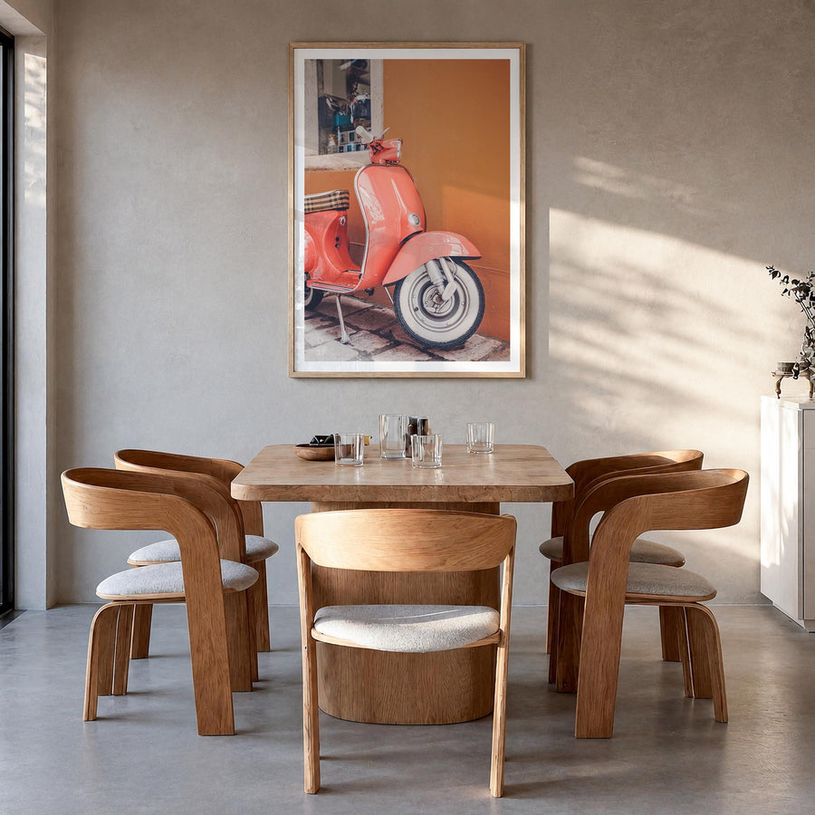 Pink Scooter in Italy colorful photo poster – vertical wall art in natural wood frame with white border, hanging on wall