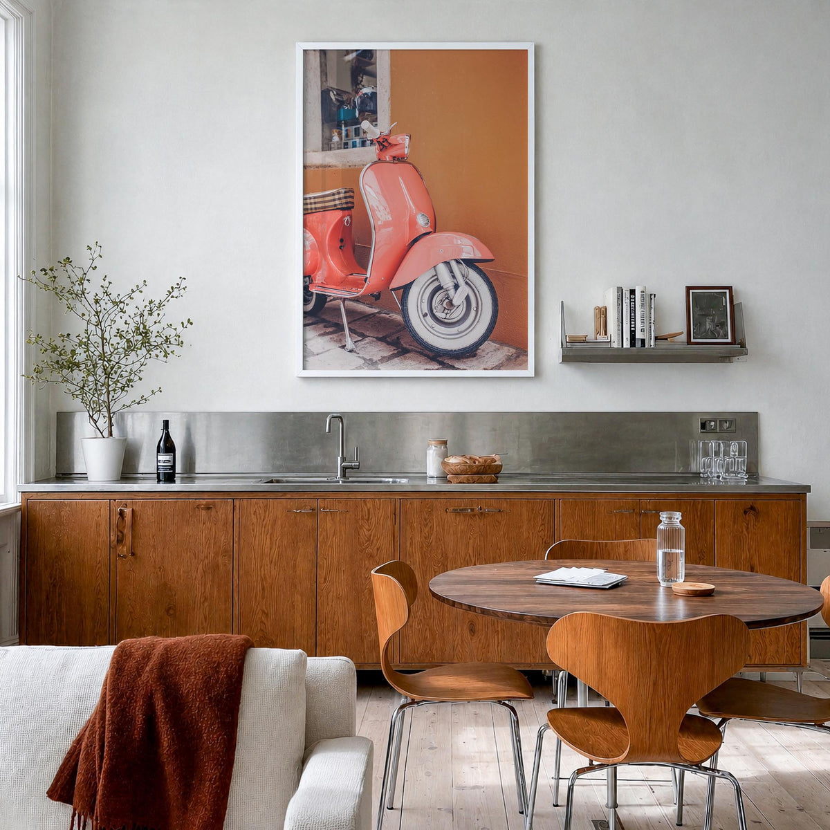 Pink Scooter in Italy colorful photo poster – vertical wall art in white wood frame, hanging on wall
