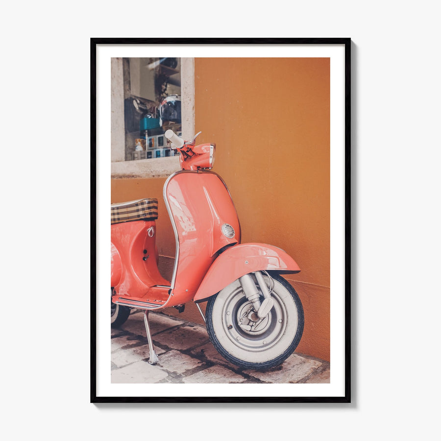 Pink Scooter in Italy Photo Poster, framed poster mockup, white border
