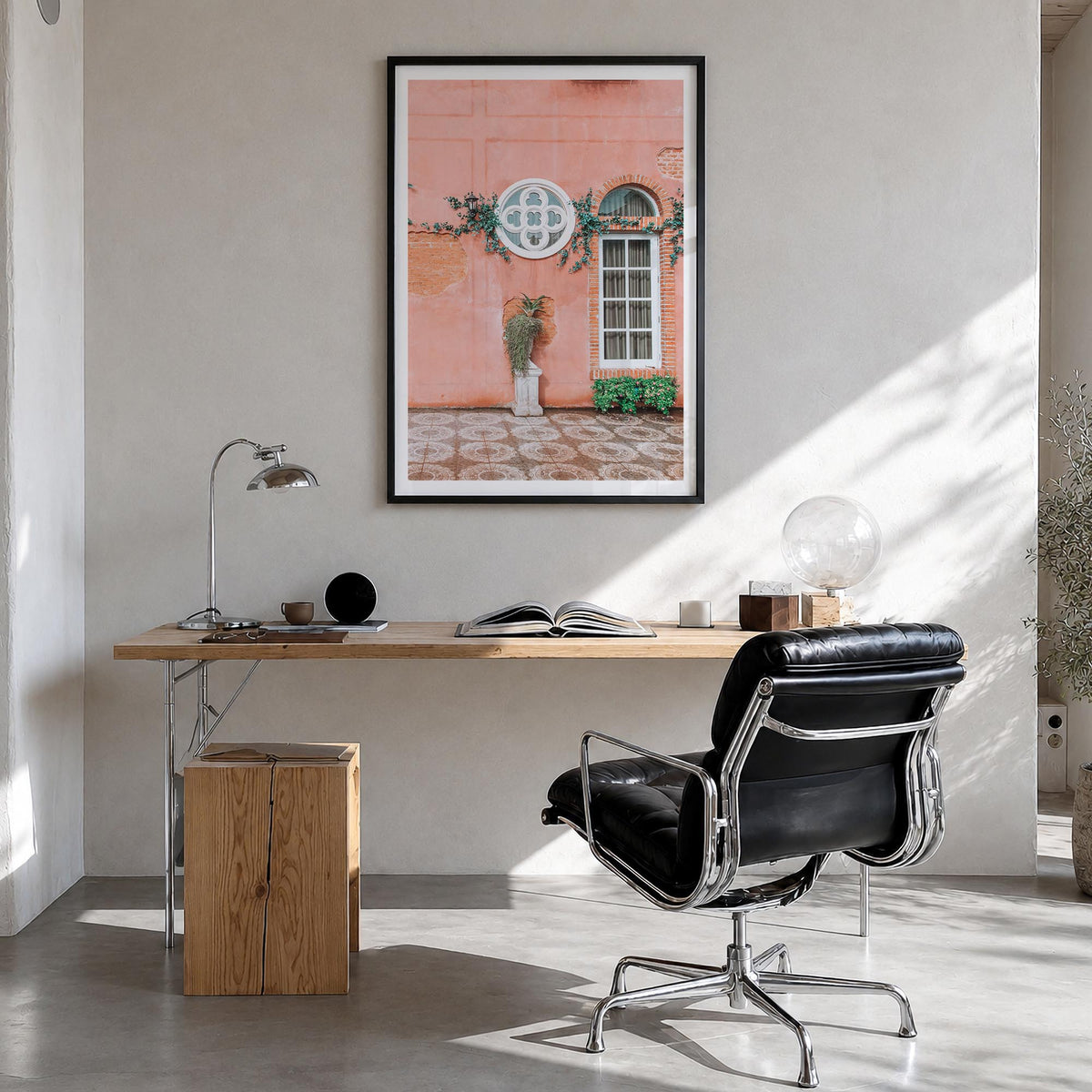 Pink Wall colorful photo poster – vertical wall art in black wood frame with white border, hanging on wall