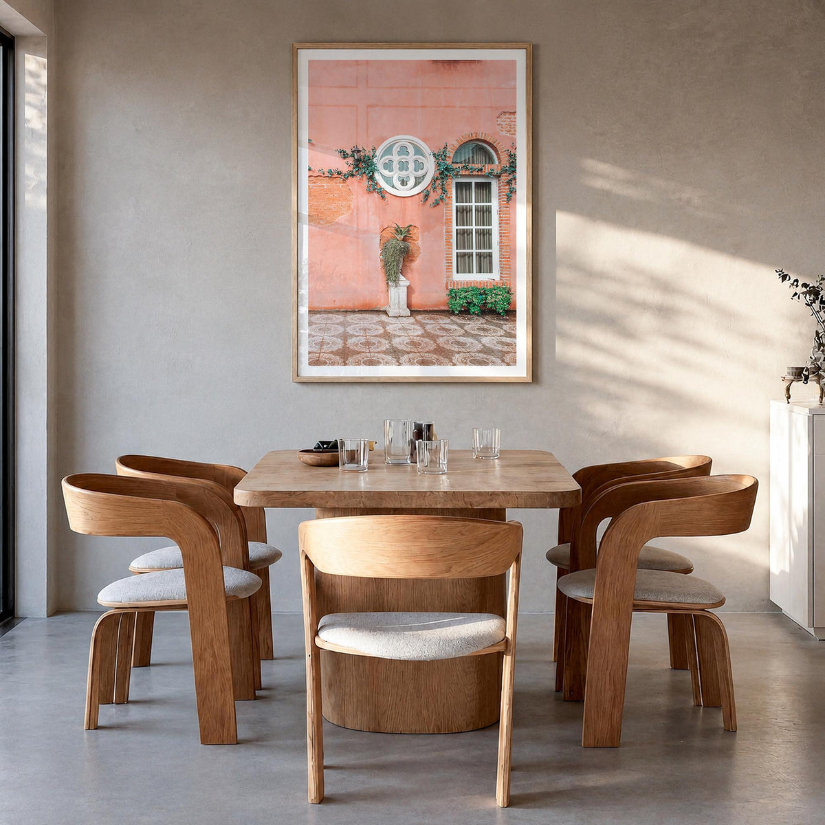 Pink Wall colorful photo poster – vertical wall art in natural wood frame with white border, hanging on wall