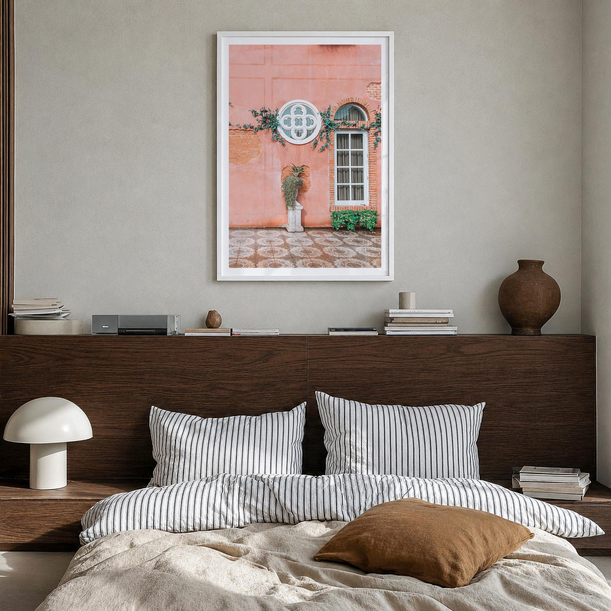 Pink Wall colorful photo poster – vertical wall art in white wood frame with white border, hanging on wall