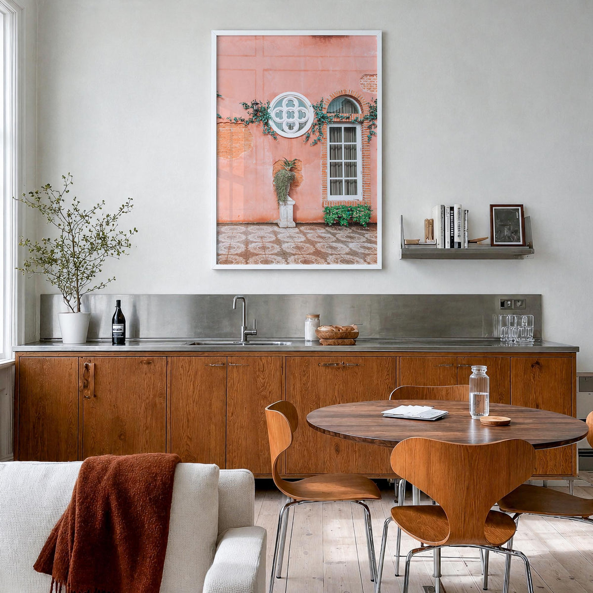Pink Wall colorful photo poster – vertical wall art in white wood frame, hanging on wall