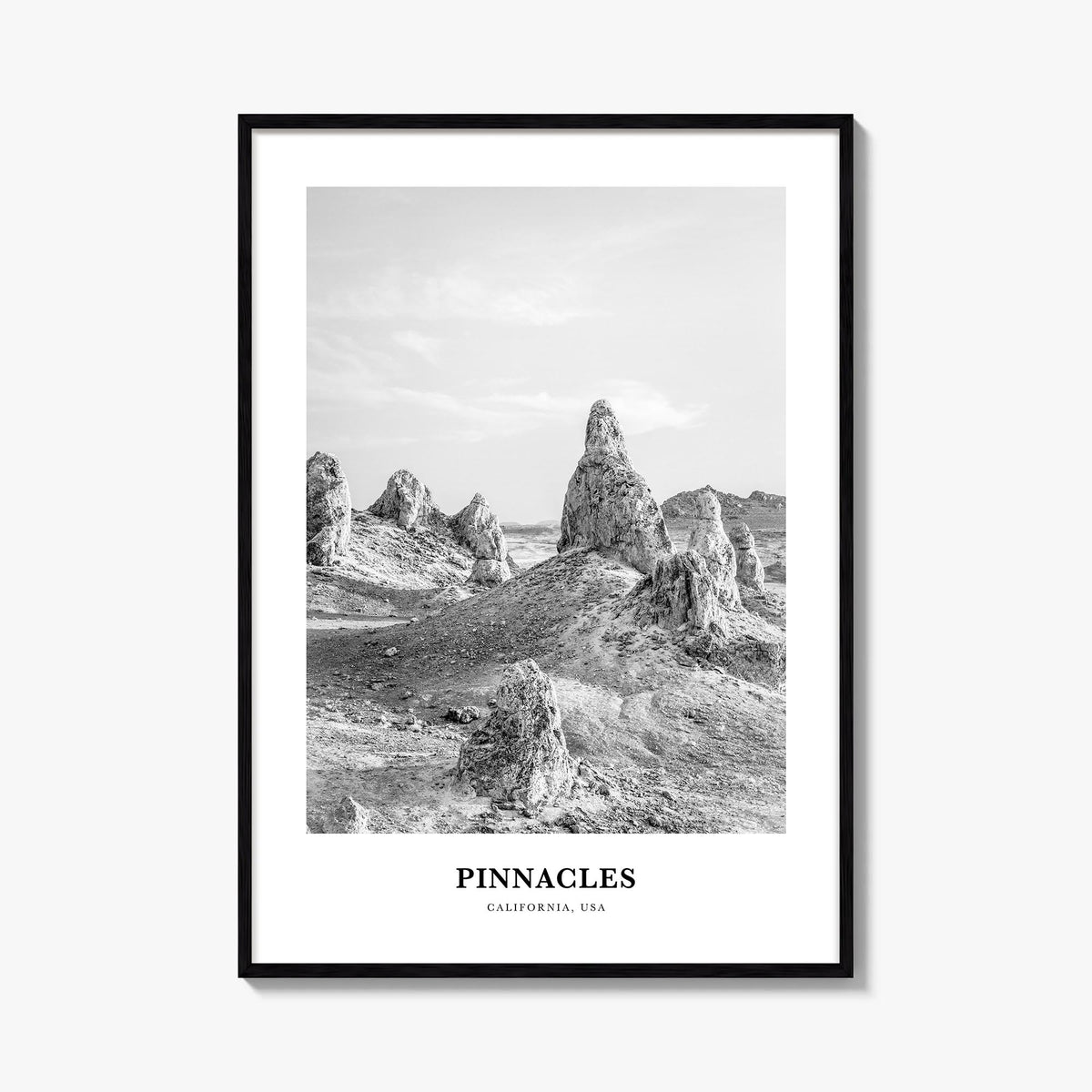 Pinnacles National Park black & white classic poster of California, USA – vertical wall art, unframed print shown in interior