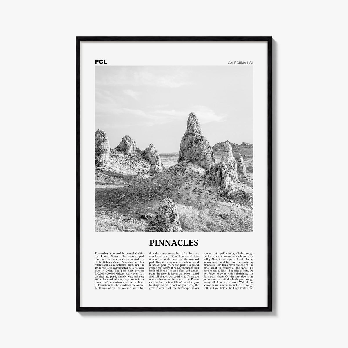 Pinnacles National Park black & white newspaper poster of California, USA – vertical wall art, unframed print shown in interi