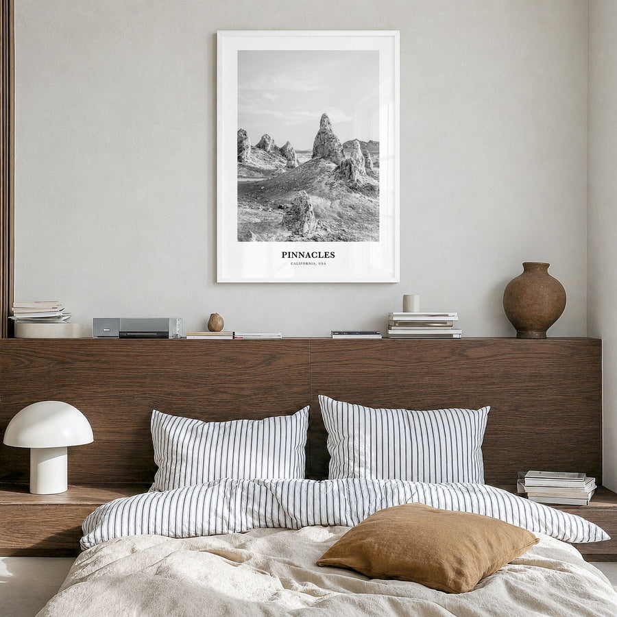 Pinnacles National Park Classic Poster in a white wood frame, hanging in a bedroom