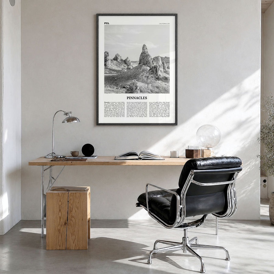 Pinnacles National Park Newspaper Poster in a black wood frame, hanging in a bright home office