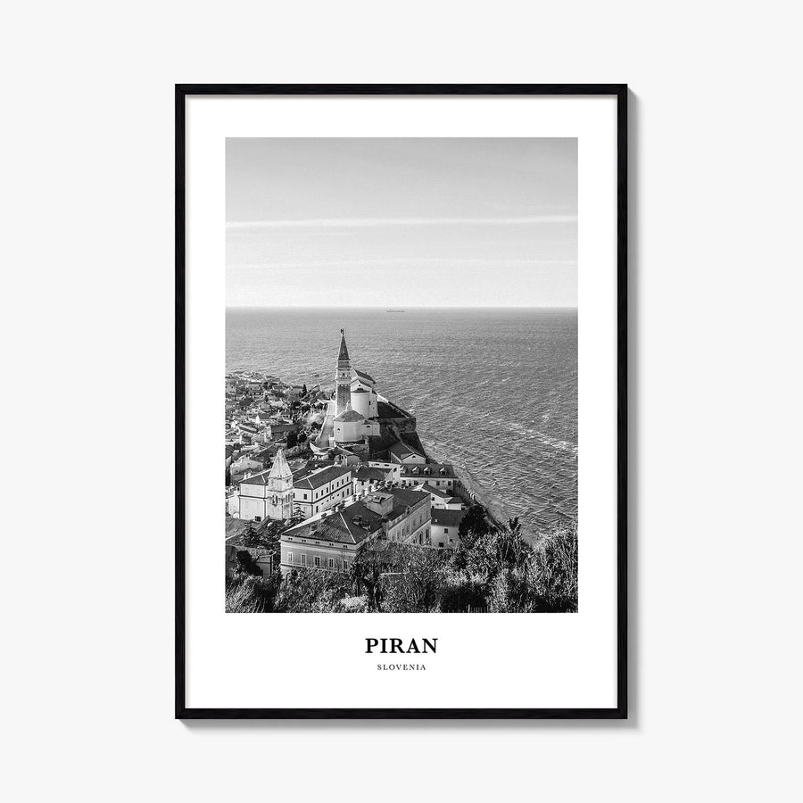 Piran black & white classic poster of Slovenia – vertical wall art, unframed print shown in interior mockup