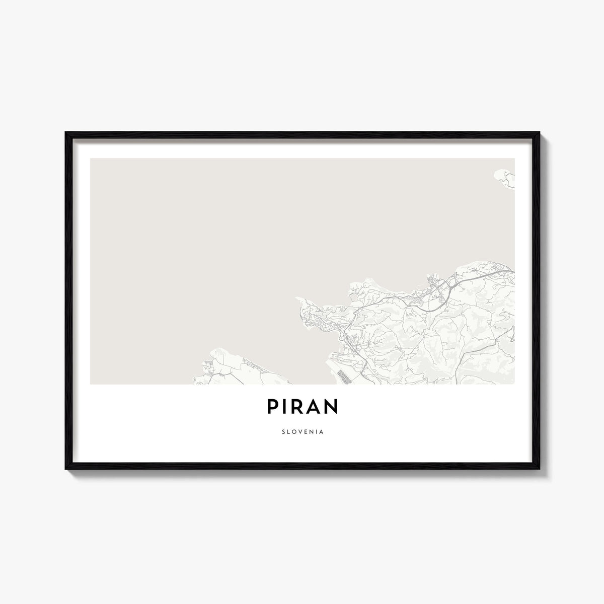 Piran black & white map poster of Slovenia – horizontal wall art, unframed print shown in interior mockup