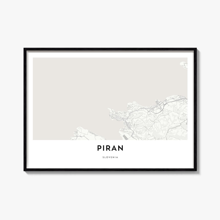 Piran black & white map poster of Slovenia – horizontal wall art, unframed print shown in interior mockup