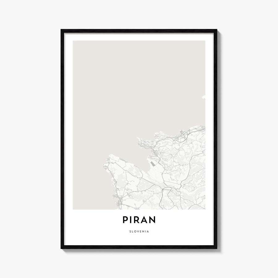 Piran black & white map poster of Slovenia – vertical wall art, unframed print shown in interior mockup
