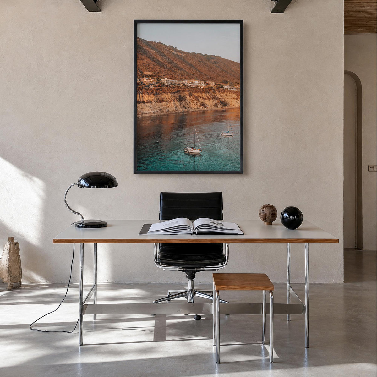 Pirates Cove Beach colorful photo poster of California, USA – vertical wall art in black wood frame, hanging on wall