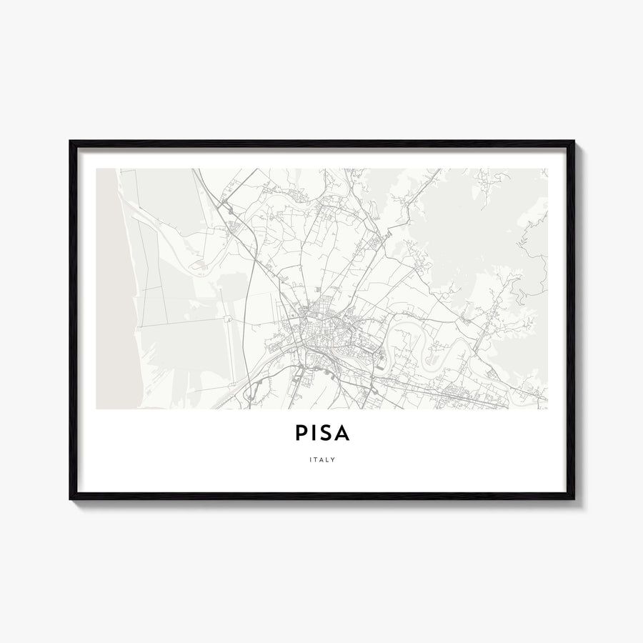 Pisa black & white map poster of Italy – horizontal wall art, unframed print shown in interior mockup