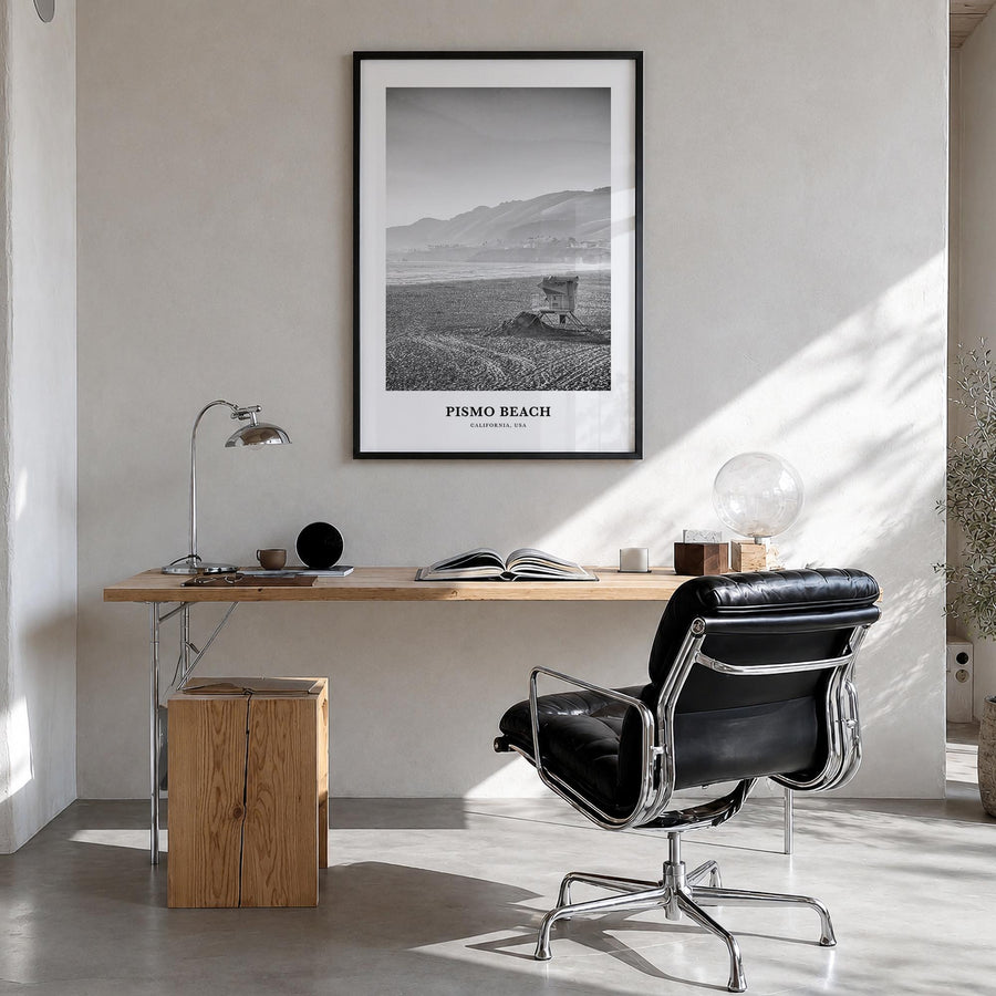 Pismo Beach black & white classic poster of California, USA – vertical wall art in black wood frame, hanging on wall