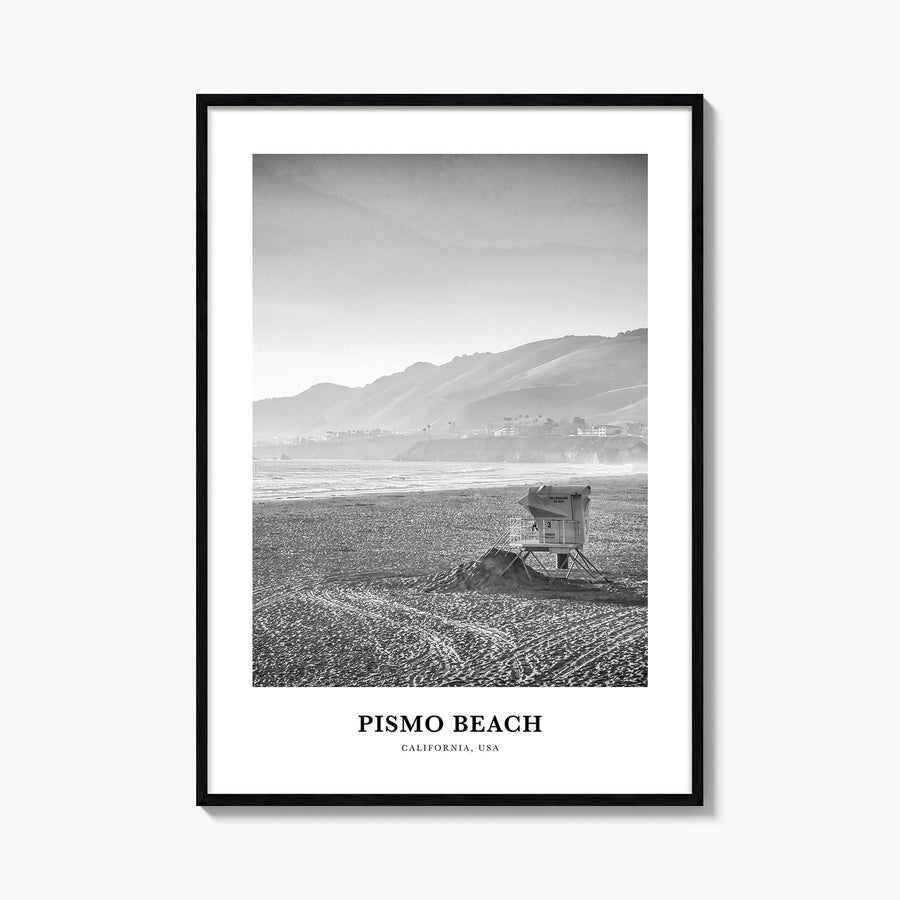 Pismo Beach black & white classic poster of California, USA – vertical wall art, unframed print shown in interior mockup