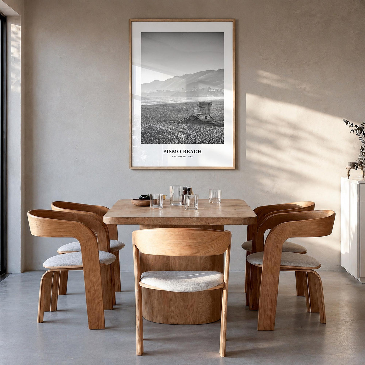 Pismo Beach black & white classic poster of California, USA – vertical wall art in natural wood frame, hanging on wall