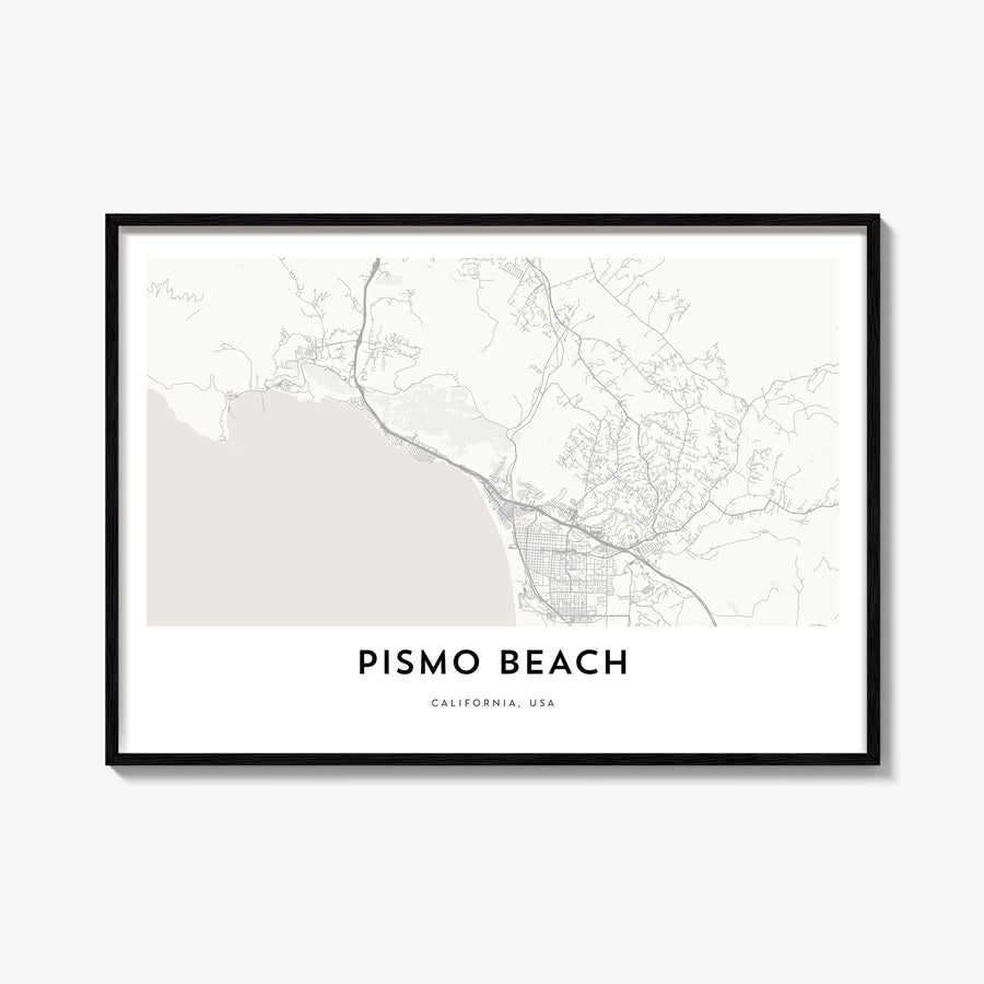 Pismo Beach black & white map poster of California, USA – horizontal wall art, unframed print shown in interior mockup