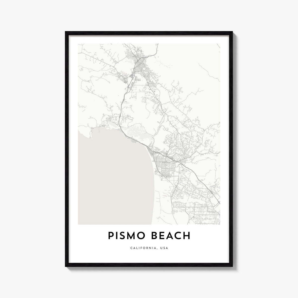 Pismo Beach black & white map poster of California, USA – vertical wall art, unframed print shown in interior mockup