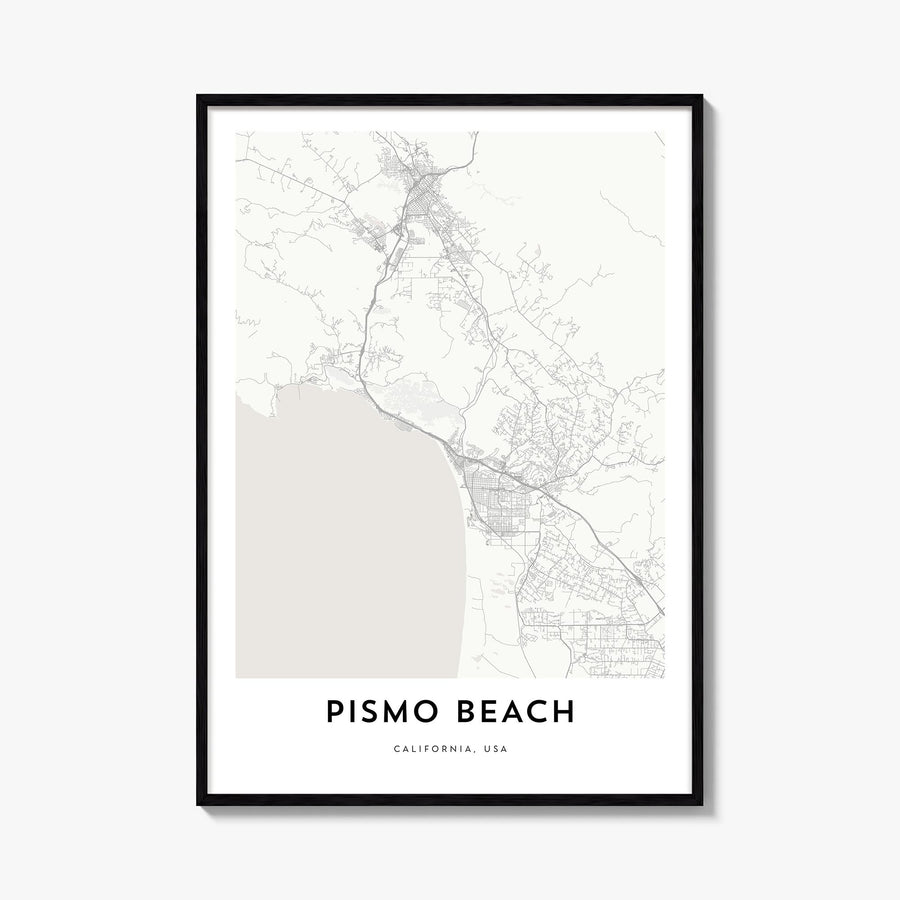 Pismo Beach black & white map poster of California, USA – vertical wall art, unframed print shown in interior mockup