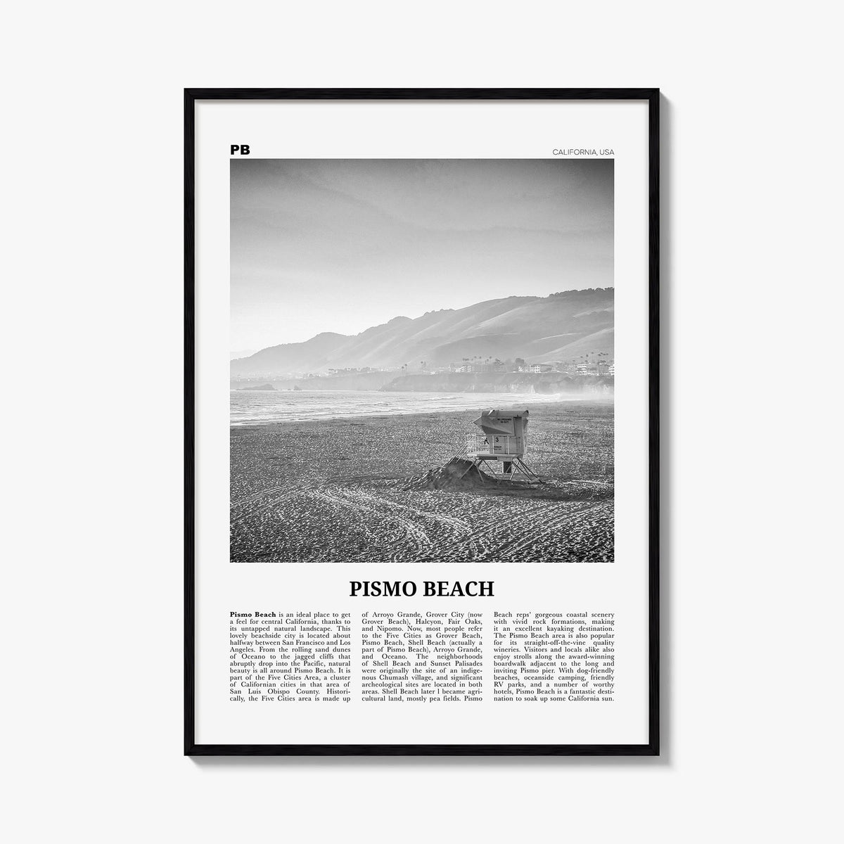 Pismo Beach black & white newspaper poster of California, USA – vertical wall art, unframed print shown in interior mockup
