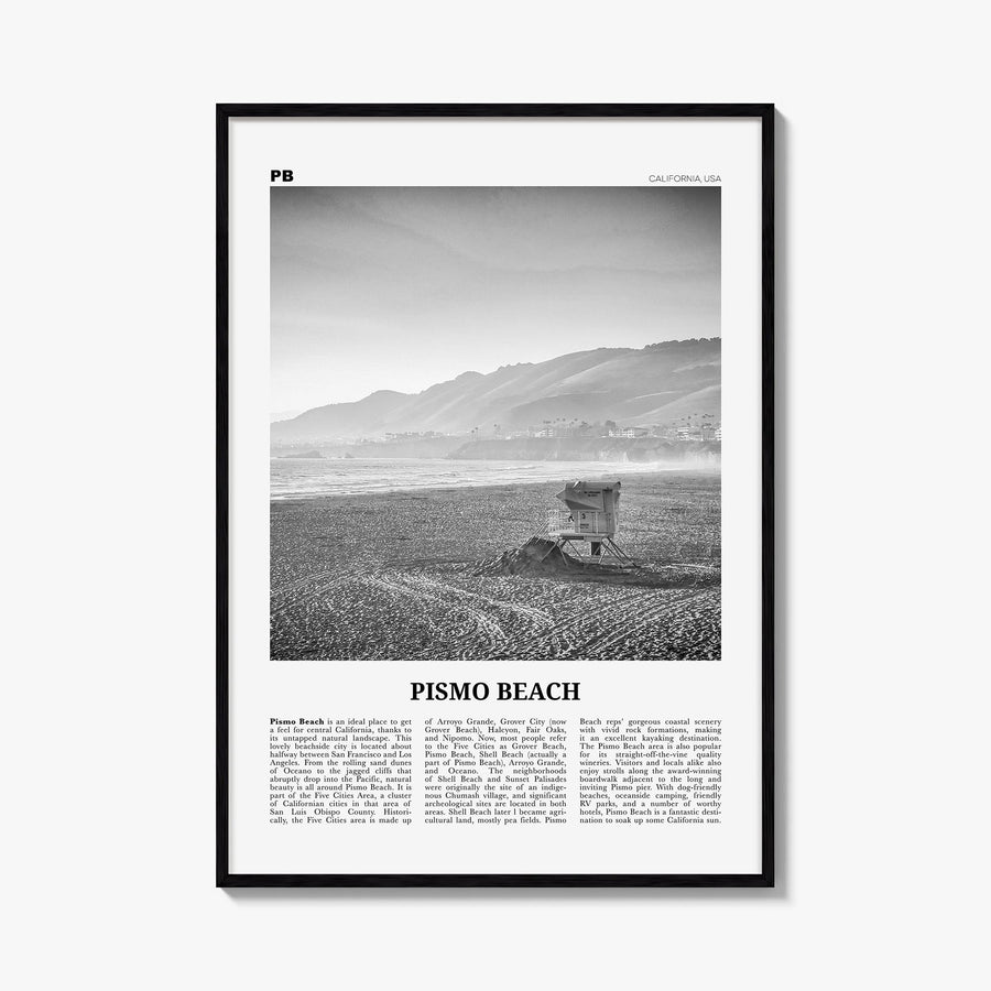 Pismo Beach black & white newspaper poster of California, USA – vertical wall art, unframed print shown in interior mockup