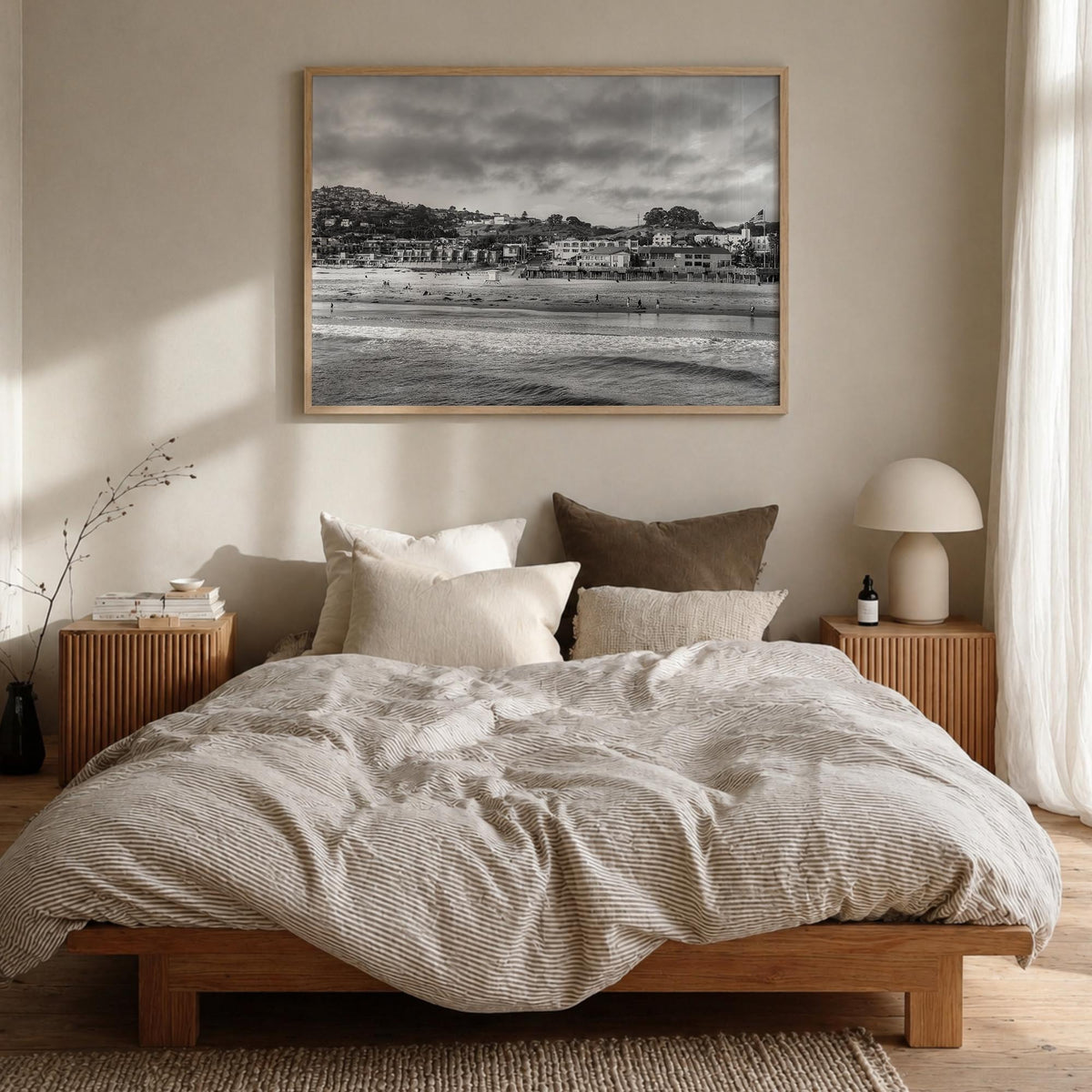 Pismo Beach black & white photo poster of California, USA – horizontal wall art in natural wood frame, hanging on wall