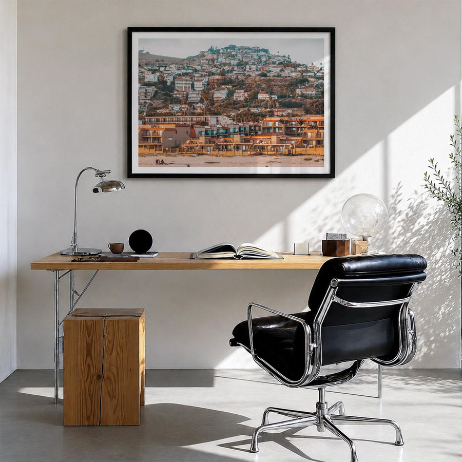 Pismo Beach colorful photo poster of California, USA – horizontal wall art in black wood frame with white border, hanging on 
