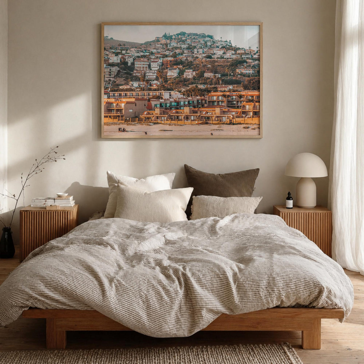 Pismo Beach colorful photo poster of California, USA – horizontal wall art in natural wood frame, hanging on wall