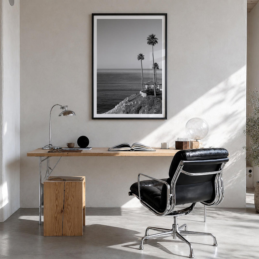 Pismo Beach no. 2 black & white photo poster of California, USA – vertical wall art in black wood frame with white border, ha