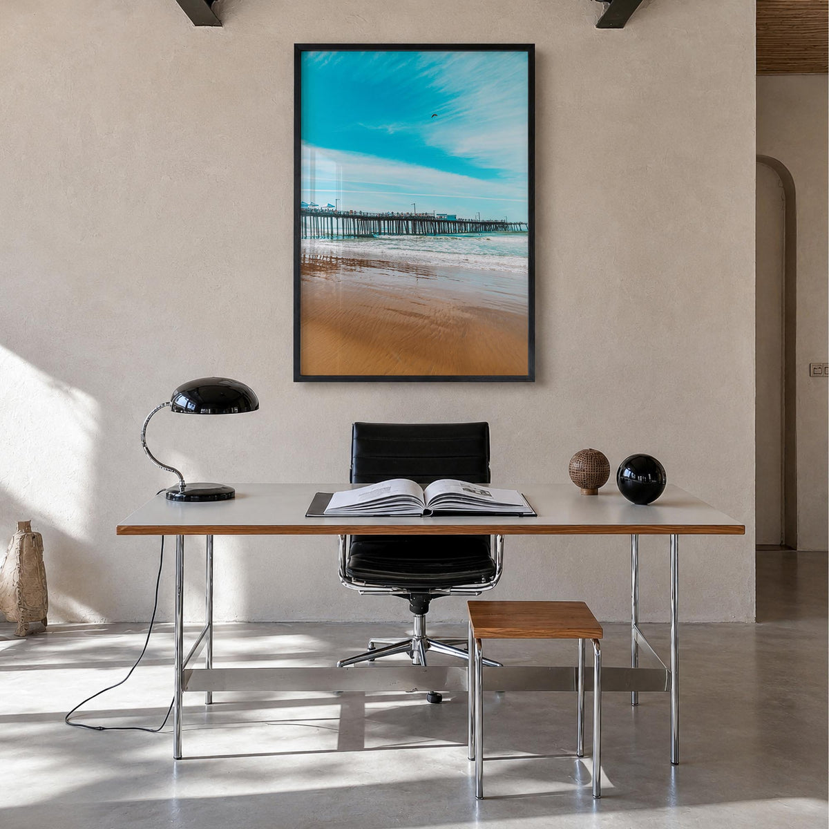 Pismo Beach no. 1 colorful photo poster of California, USA – vertical wall art in black wood frame, hanging on wall