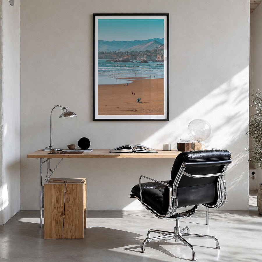 Pismo Beach no. 2 colorful photo poster of California, USA – vertical wall art in black wood frame with white border, hanging