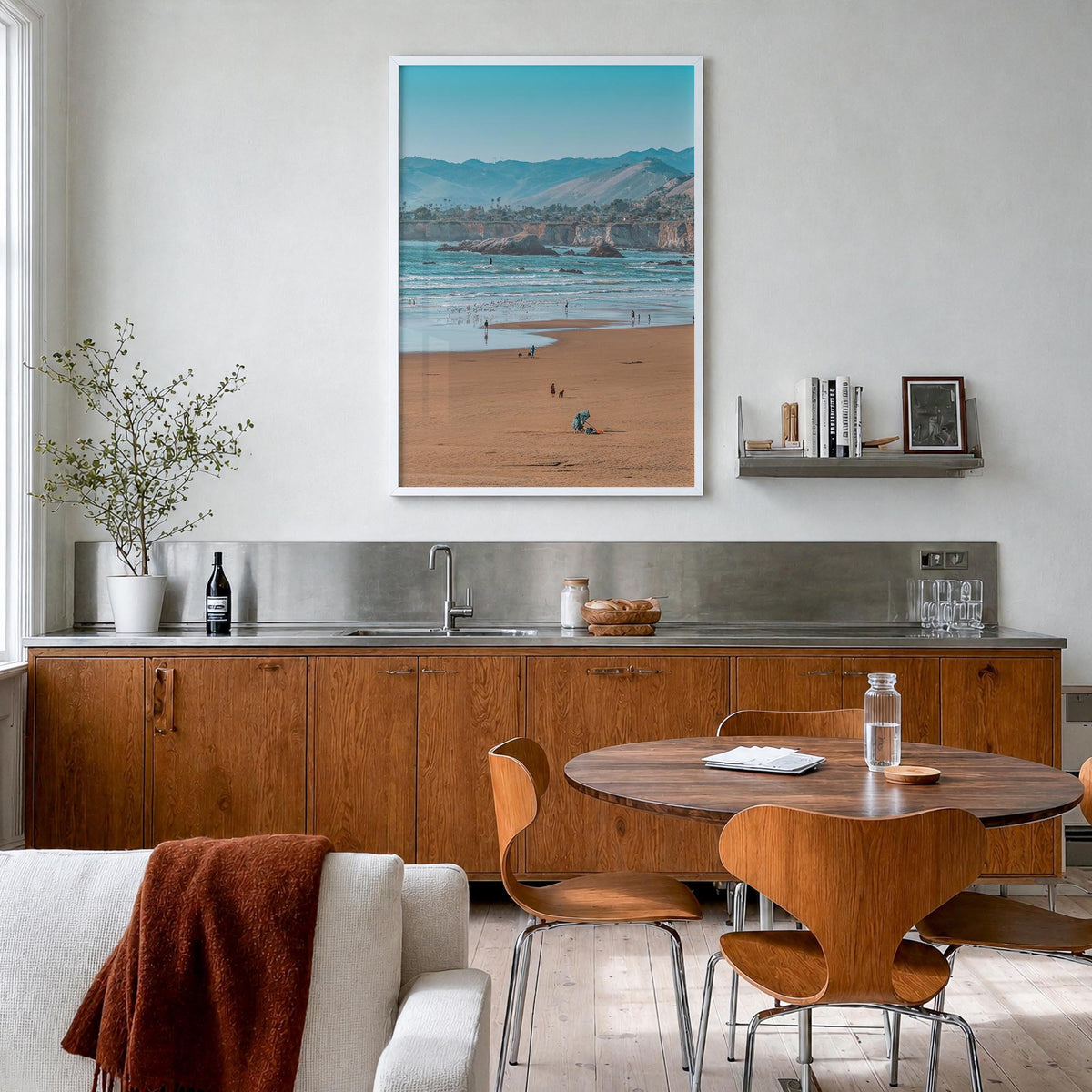 Pismo Beach no. 2 colorful photo poster of California, USA – vertical wall art in white wood frame, hanging on wall