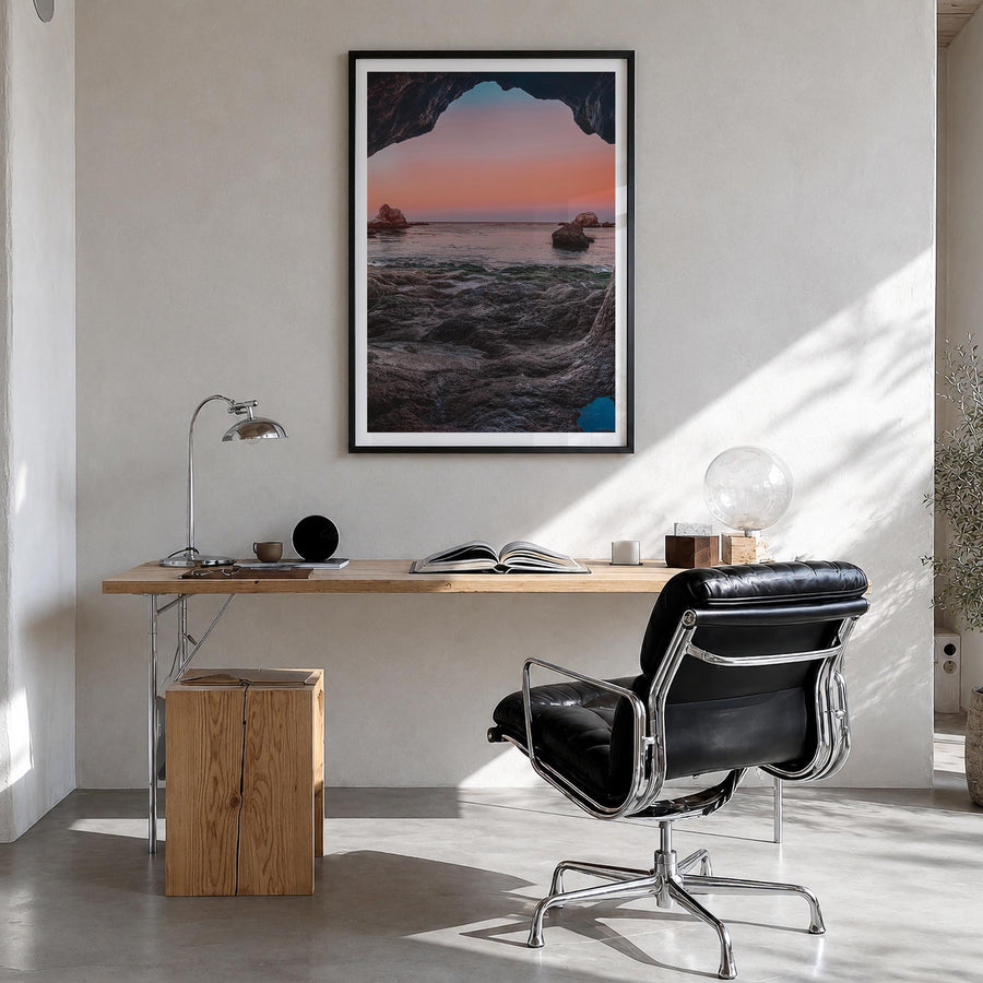 Pismo Beach no. 3 colorful photo poster of California, USA – vertical wall art in black wood frame with white border, hanging