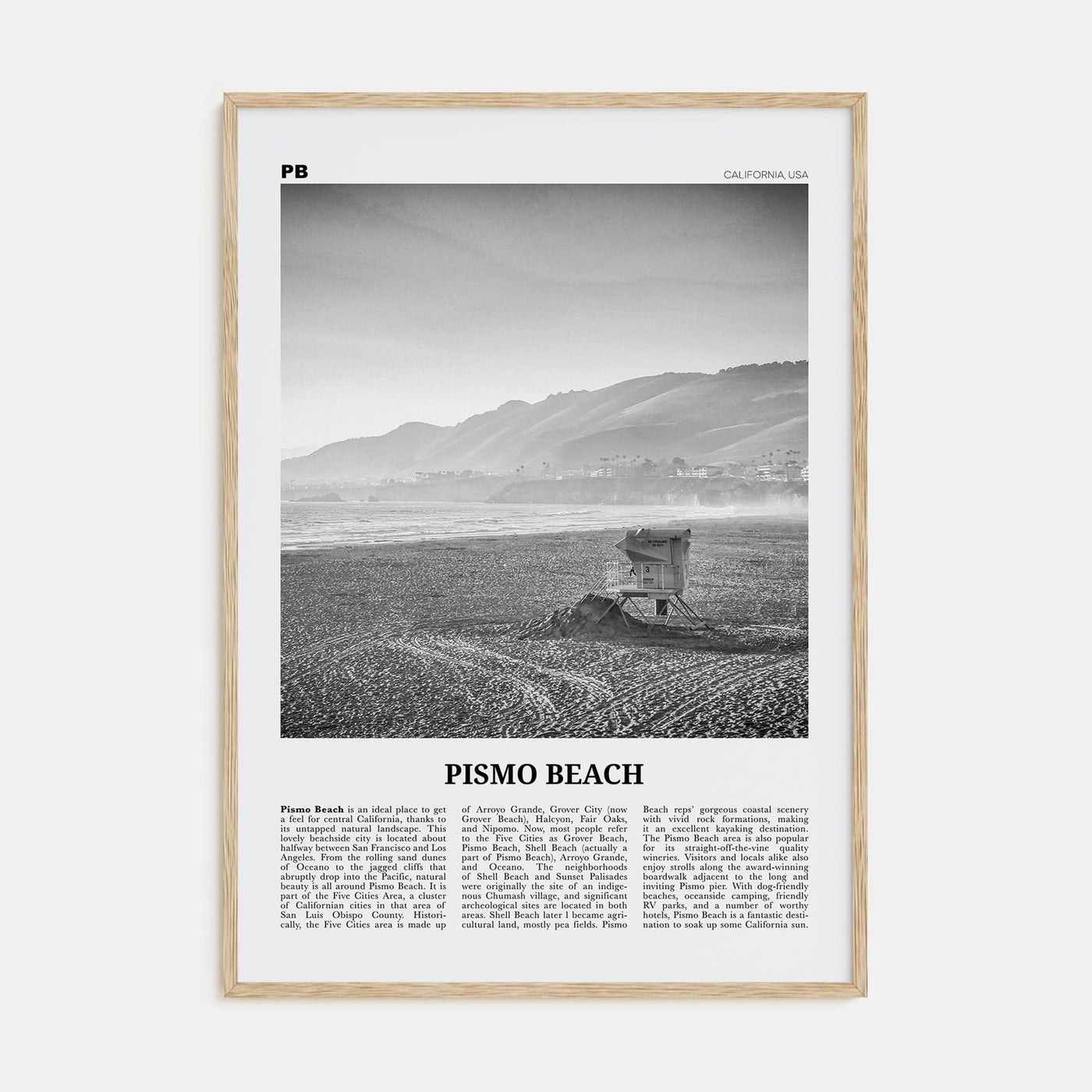 Pismo Beach Poster Natural Wood / 8x12 in Nbourhood Travel B&W Poster