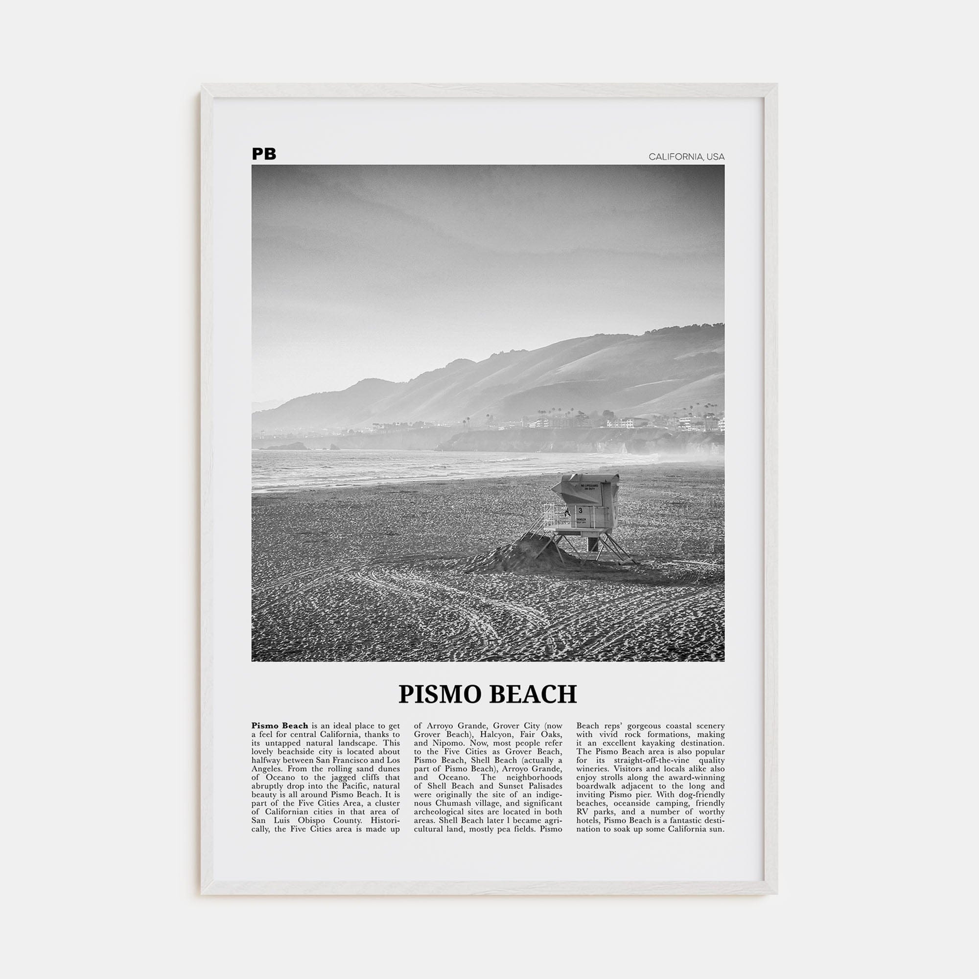 Pismo Beach Poster White Wood / 8x12 in Nbourhood Travel B&W Poster