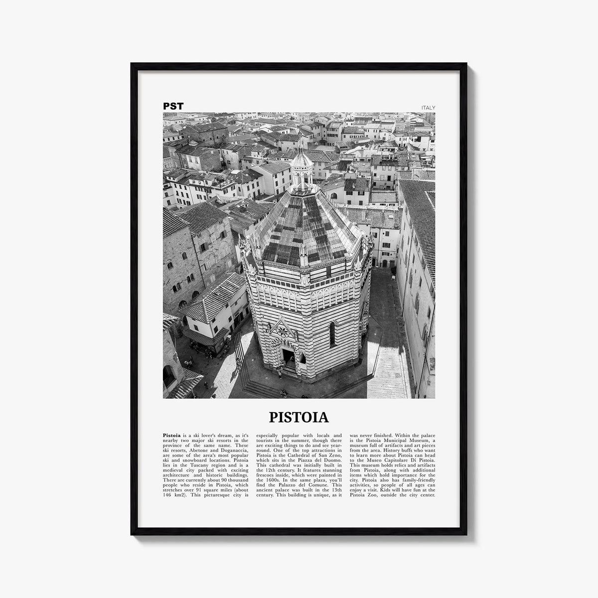 Pistoia black & white newspaper poster of Italy – vertical wall art, unframed print shown in interior mockup