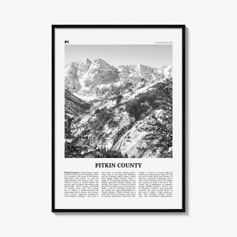 Pitkin County black & white newspaper poster of Colorado, USA – vertical wall art, unframed print shown in interior mockup