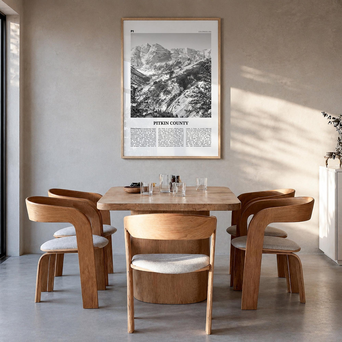 Pitkin County black & white newspaper poster of Colorado, USA – vertical wall art in natural wood frame, hanging on wall