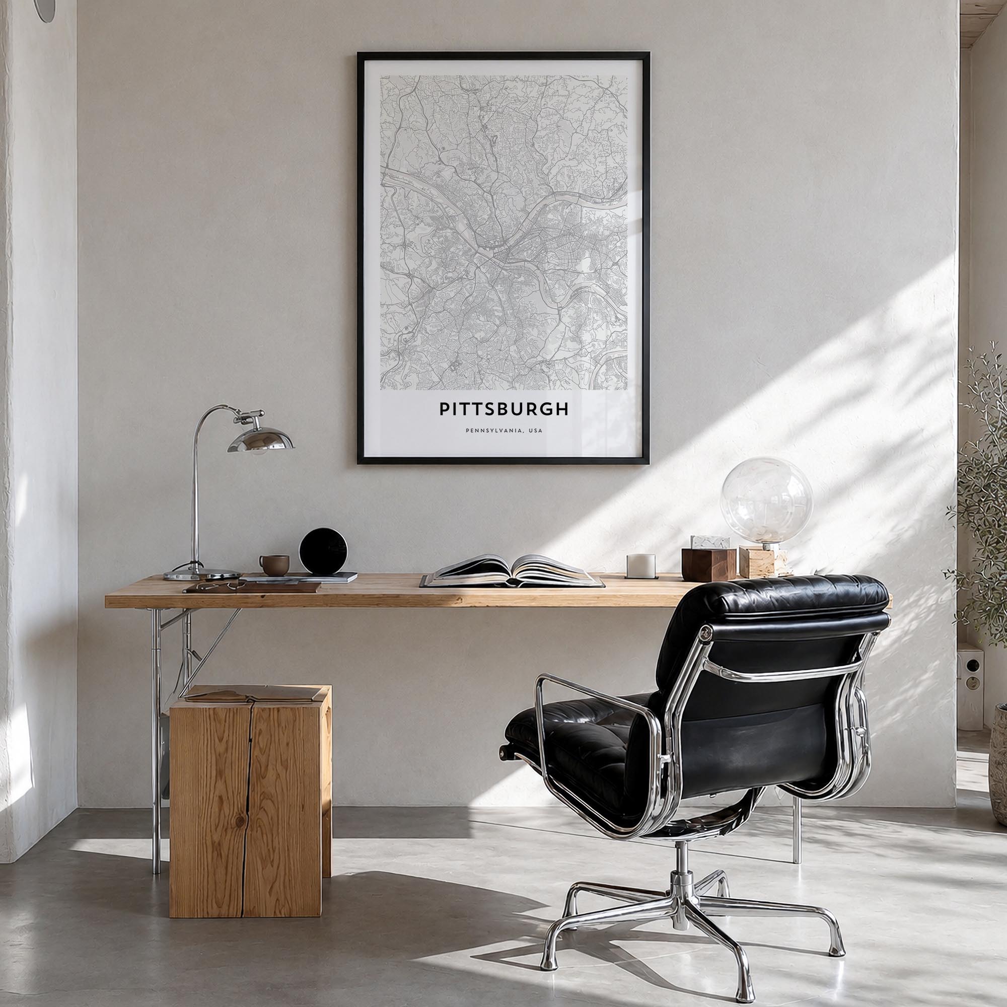 Pittsburgh black & white map poster of Pennsylvania, USA – vertical wall art in black wood frame, hanging on wall