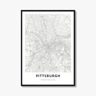 Pittsburgh black & white map poster of Pennsylvania, USA – vertical wall art, unframed print shown in interior mockup