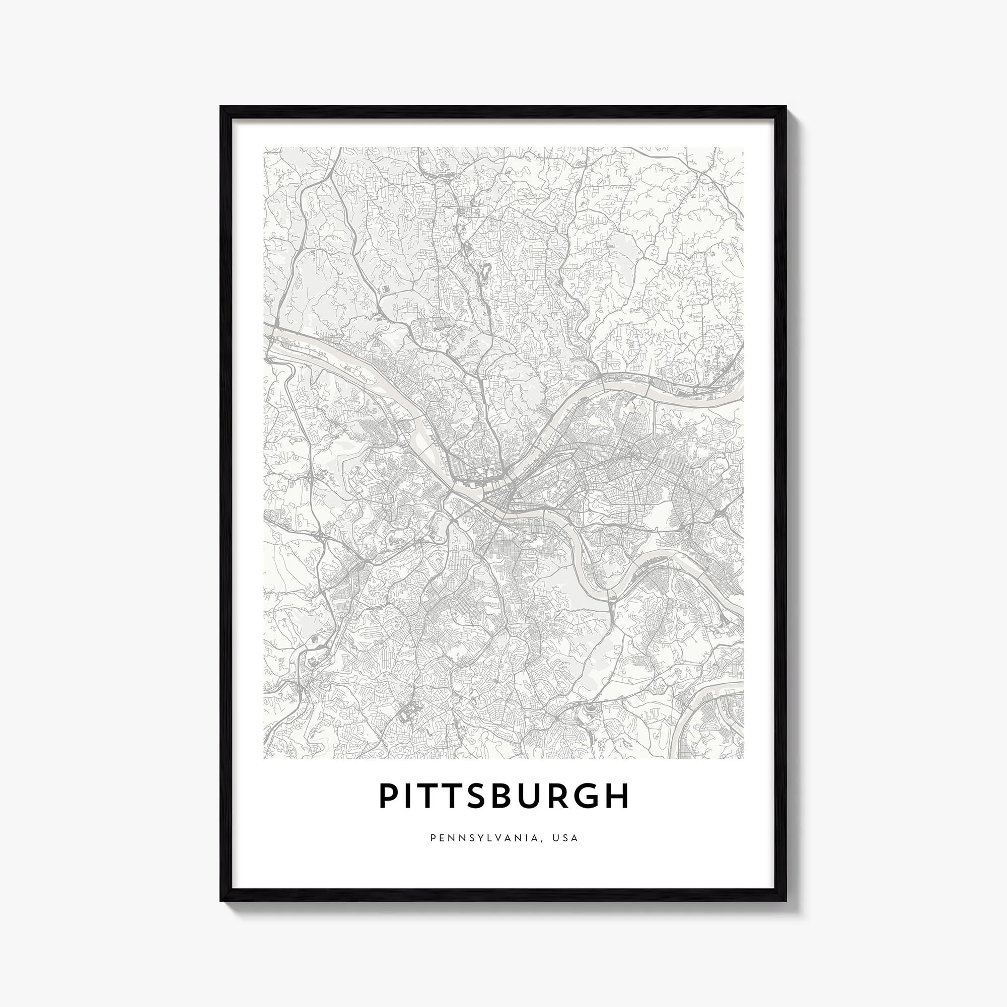Pittsburgh black & white map poster of Pennsylvania, USA – vertical wall art, unframed print shown in interior mockup
