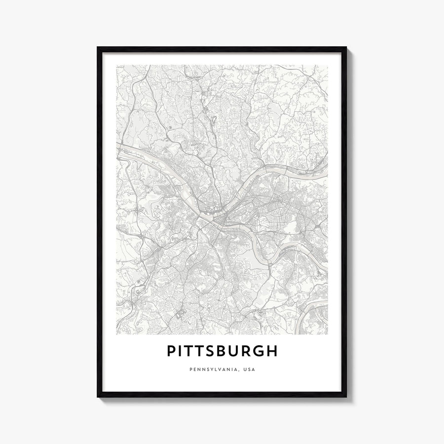 Pittsburgh black & white map poster of Pennsylvania, USA – vertical wall art, unframed print shown in interior mockup