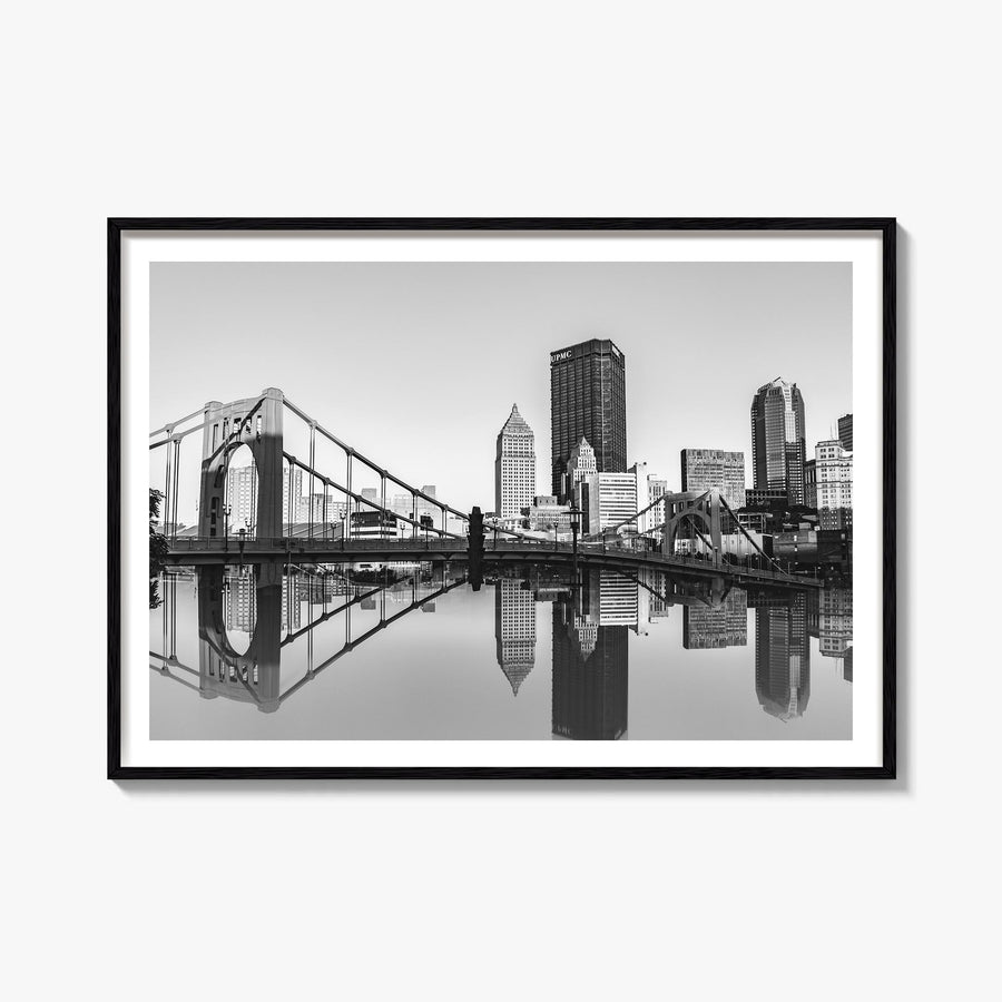 Pittsburgh black & white photo poster of Pennsylvania, USA – horizontal wall art, unframed print shown in interior mockup